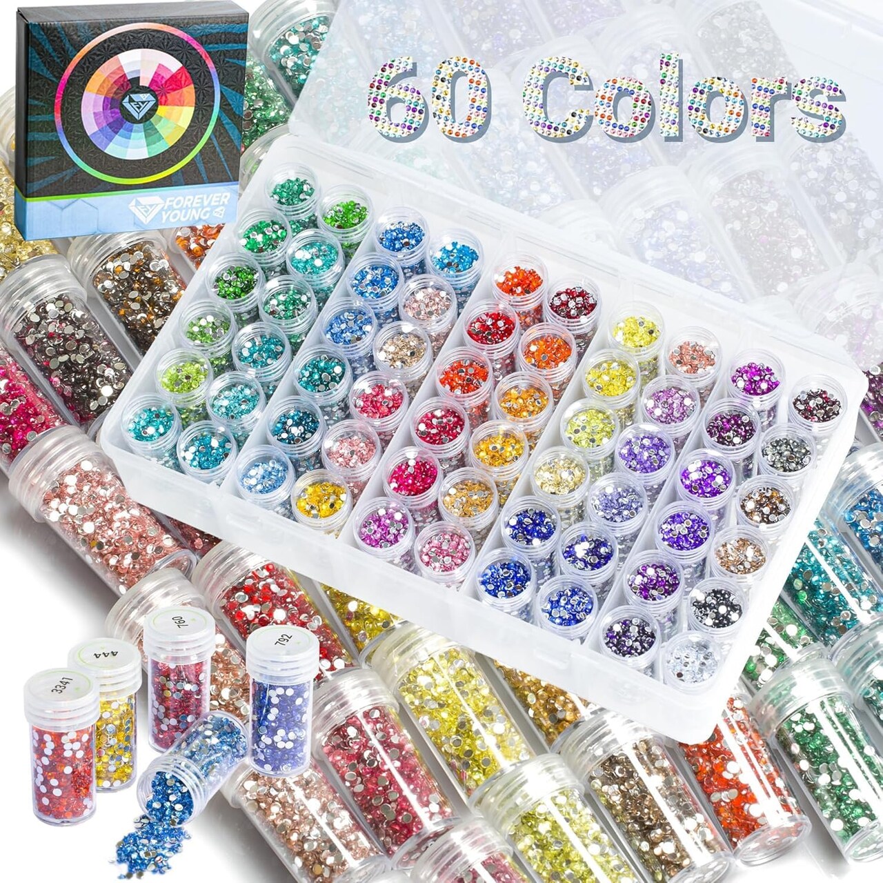 60 Colors Crystal Beads Diamond Painting Kits with Diamond Painting Storage Containers, Diamond Painting Accessories, 90000pcs Round Flatback Rhinestones Drills for Diamond Art Accessories and Tools